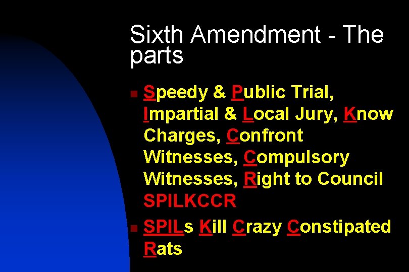 Sixth Amendment - The parts Speedy & Public Trial, Impartial & Local Jury, Know