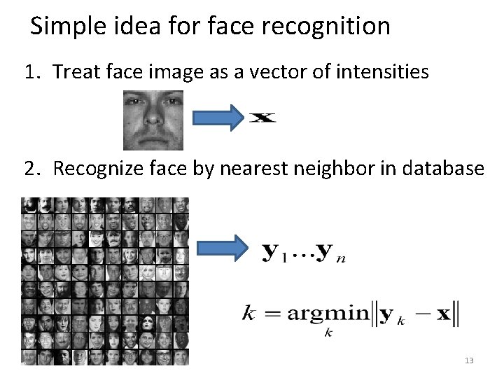 Simple idea for face recognition 1. Treat face image as a vector of intensities