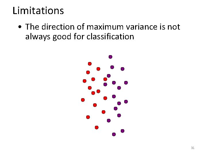 Limitations • The direction of maximum variance is not always good for classification 31