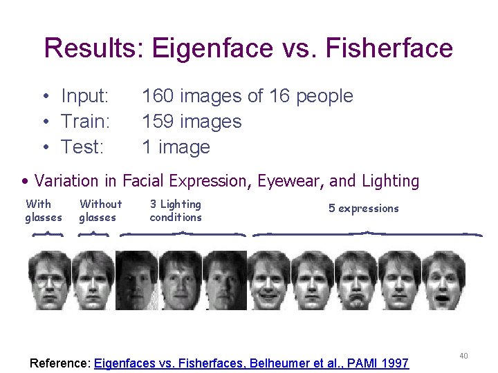 Results: Eigenface vs. Fisherface • Input: • Train: • Test: 160 images of 16