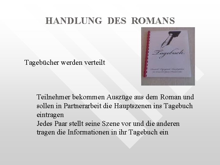 HANDLUNG DES ROMANS Tagebücher werden verteilt Teilnehmer bekommen Auszüge aus dem Roman und sollen