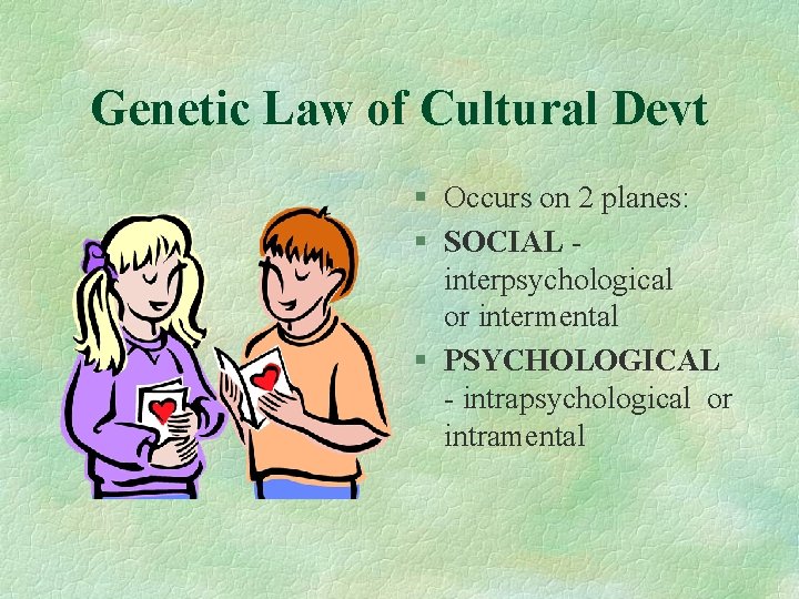 Genetic Law of Cultural Devt § Occurs on 2 planes: § SOCIAL interpsychological or