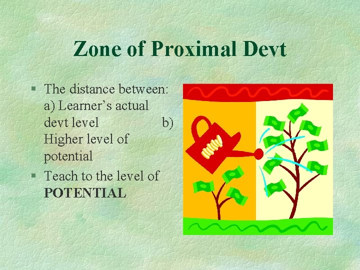 Zone of Proximal Devt § The distance between: a) Learner’s actual devt level b)