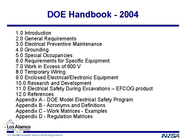 DOE Handbook - 2004 1. 0 Introduction 2. 0 General Requirements 3. 0 Electrical