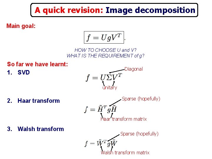 A quick revision: Image decomposition Main goal: HOW TO CHOOSE U and V? WHAT