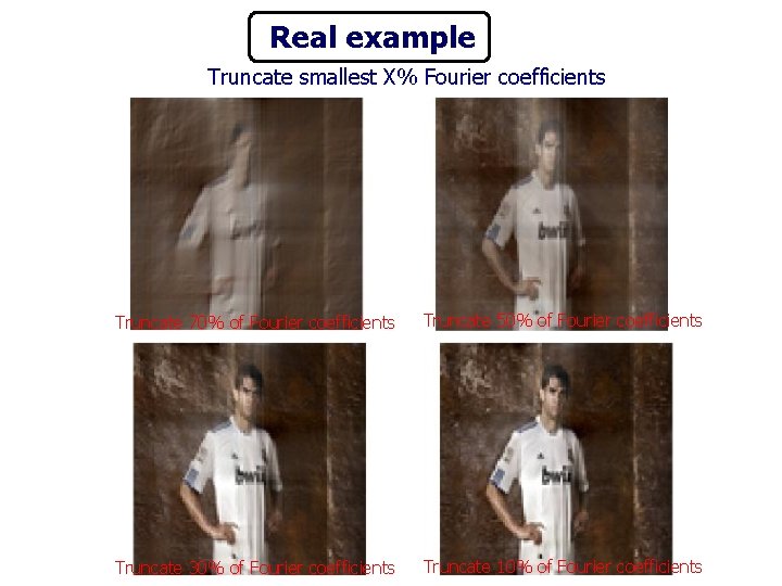 Real example Truncate smallest X% Fourier coefficients Truncate 70% of Fourier coefficients Truncate 50%