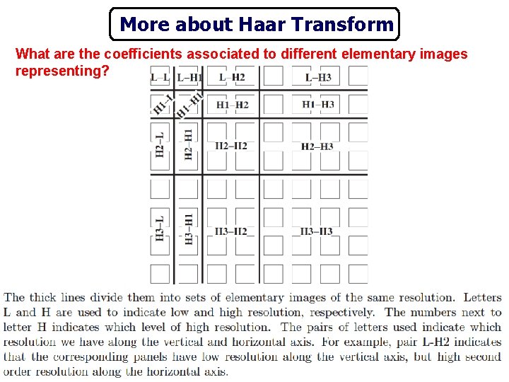 More about Haar Transform What are the coefficients associated to different elementary images representing?