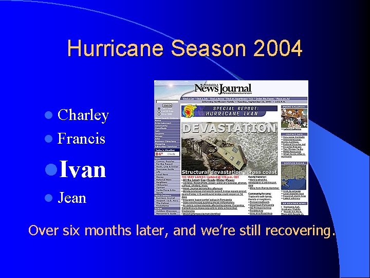 Hurricane Season 2004 l Charley l Francis l. Ivan l Jean Over six months