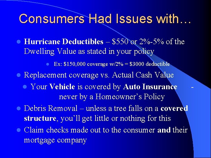 Consumers Had Issues with… l Hurricane Deductibles – $550 or 2%-5% of the Dwelling