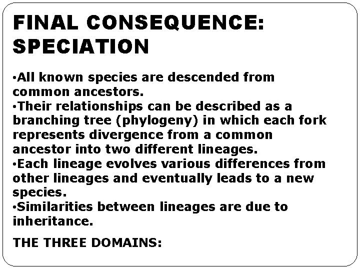 FINAL CONSEQUENCE: SPECIATION • All known species are descended from common ancestors. • Their