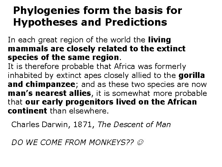 Phylogenies form the basis for Hypotheses and Predictions In each great region of the