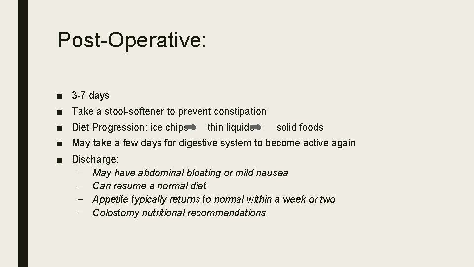 Post-Operative: ■ 3 -7 days ■ Take a stool-softener to prevent constipation ■ Diet