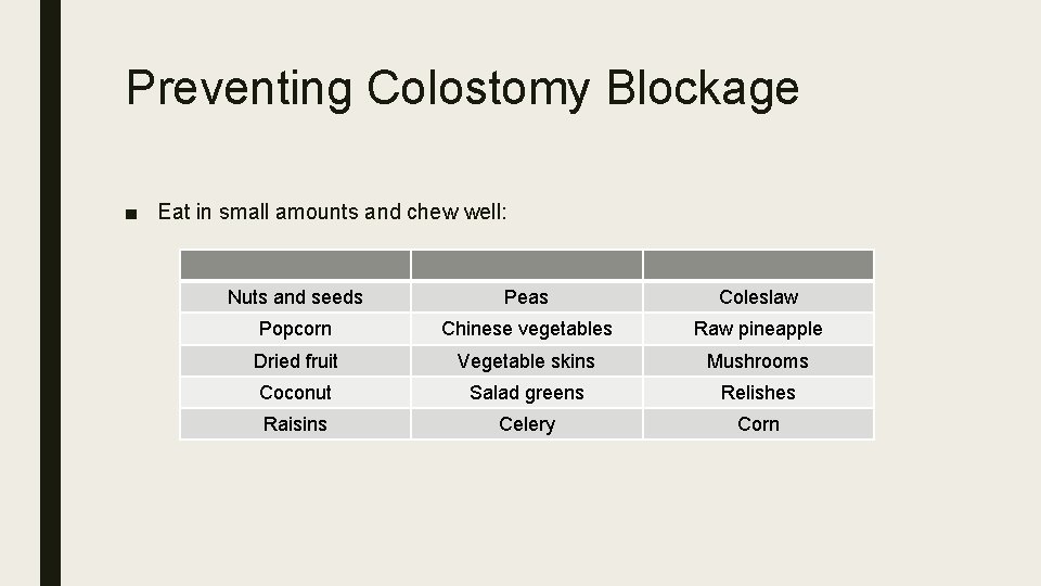 Preventing Colostomy Blockage ■ Eat in small amounts and chew well: Nuts and seeds