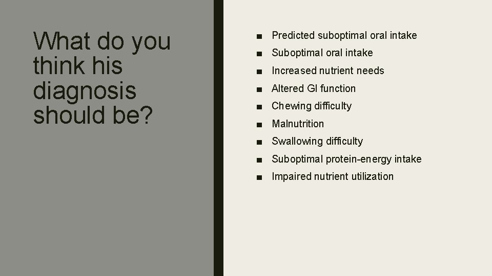 What do you think his diagnosis should be? ■ Predicted suboptimal oral intake ■