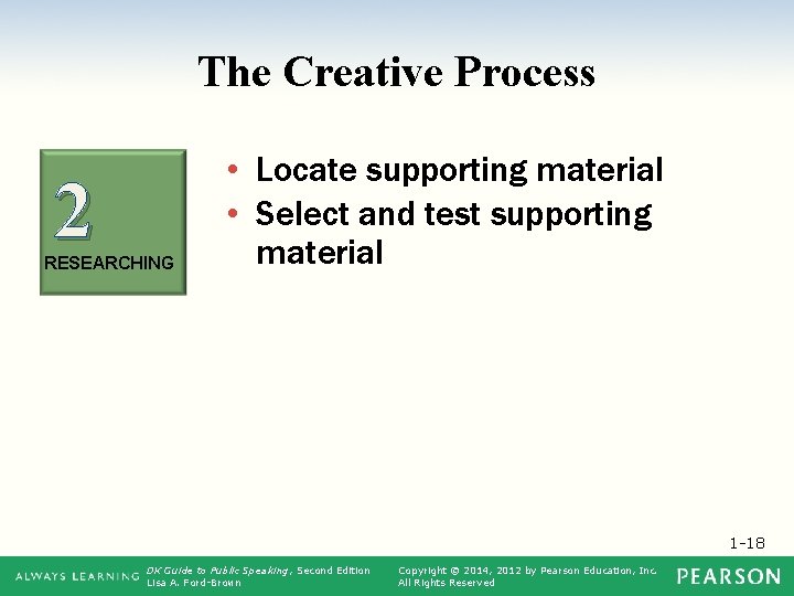 The Creative Process 2 RESEARCHING • Locate supporting material • Select and test supporting