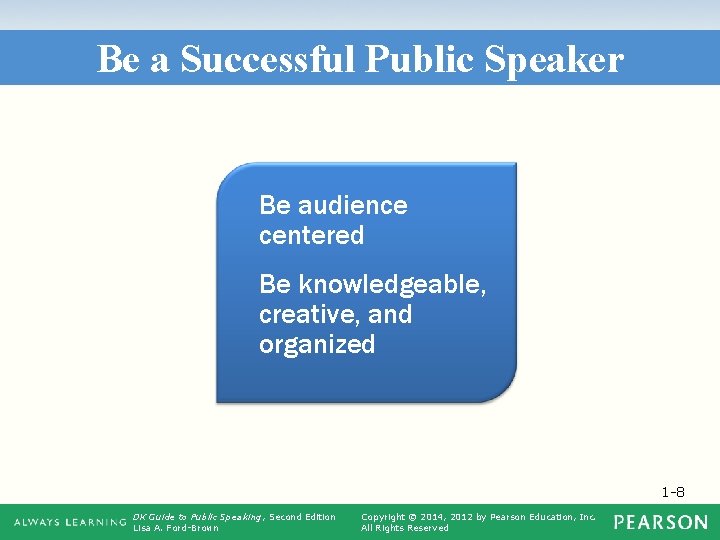 Be a Successful Public Speaker Be audience centered Be knowledgeable, creative, and organized 1