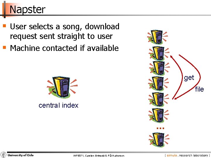 Napster § User selects a song, download § request sent straight to user Machine