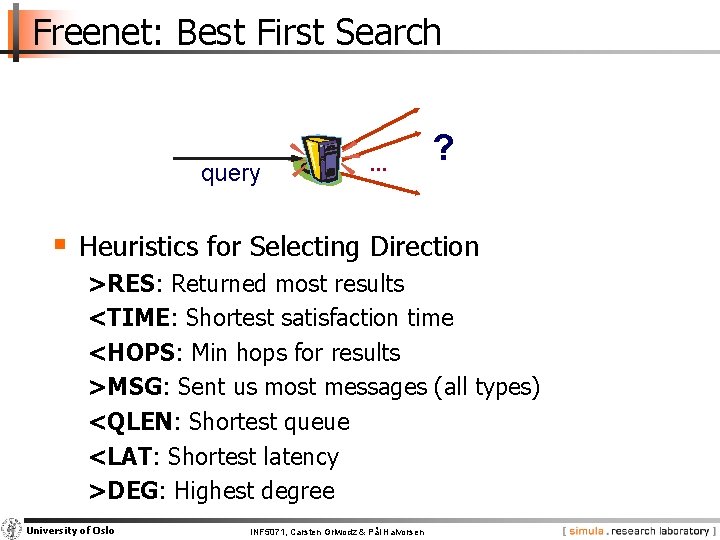 Freenet: Best First Search query . . . ? § Heuristics for Selecting Direction