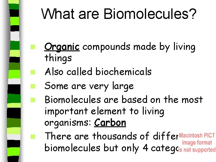 What are Biomolecules? n n n Organic compounds made by living things Also called