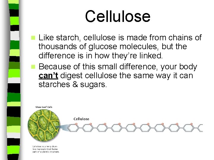 Cellulose Like starch, cellulose is made from chains of thousands of glucose molecules, but