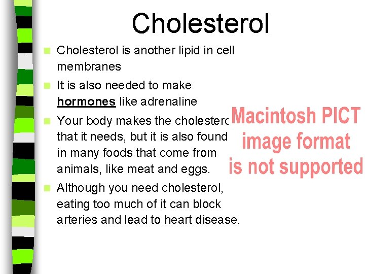 Cholesterol n Cholesterol is another lipid in cell membranes n It is also needed