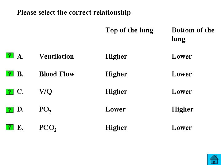 Please select the correct relationship Top of the lung Bottom of the lung A.