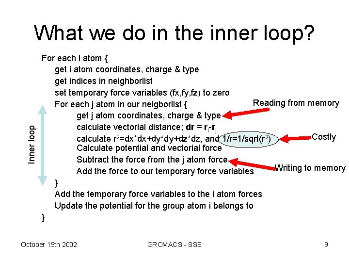 Inner loop What we do in the inner loop? For each i atom {
