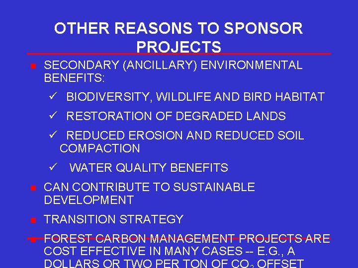 OTHER REASONS TO SPONSOR PROJECTS n SECONDARY (ANCILLARY) ENVIRONMENTAL BENEFITS: ü BIODIVERSITY, WILDLIFE AND