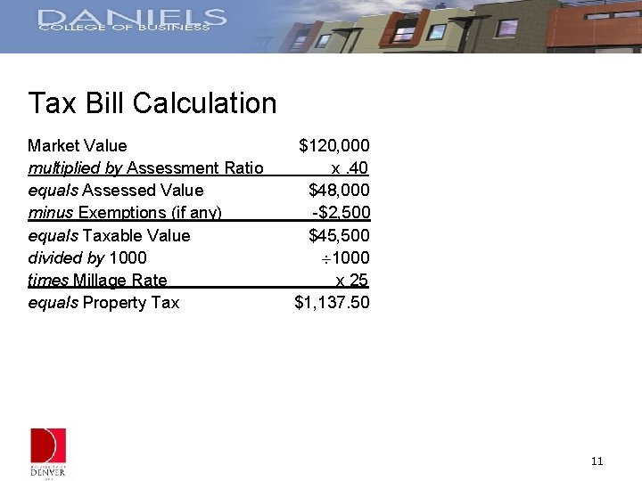 Tax Bill Calculation Market Value multiplied by Assessment Ratio equals Assessed Value minus Exemptions