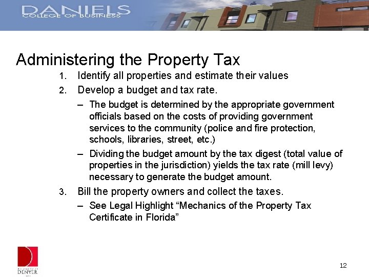 Administering the Property Tax 1. 2. Identify all properties and estimate their values Develop