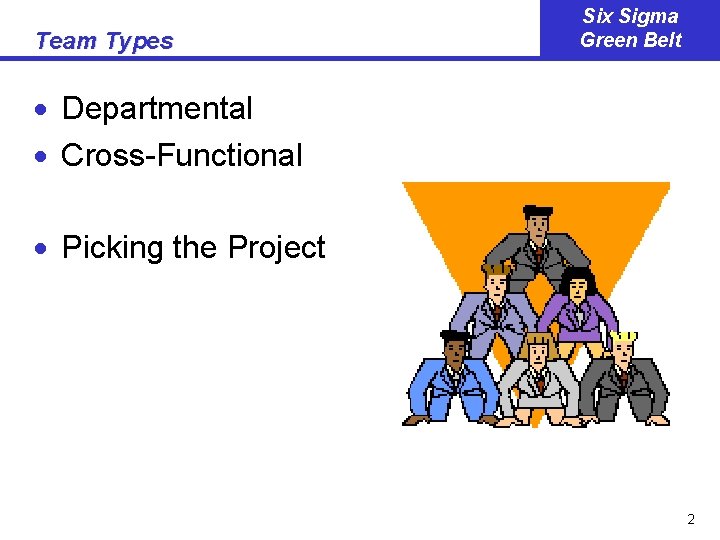 Team Types Six Sigma Green Belt · Departmental · Cross-Functional · Picking the Project