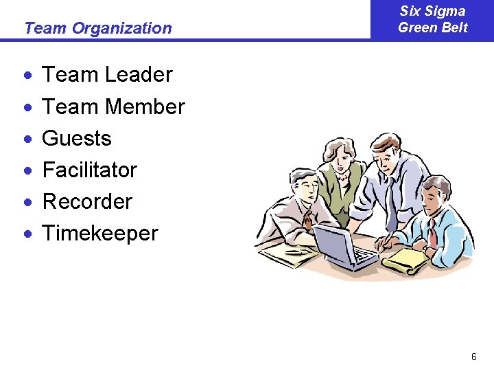 Team Organization · · · Six Sigma Green Belt Team Leader Team Member Guests