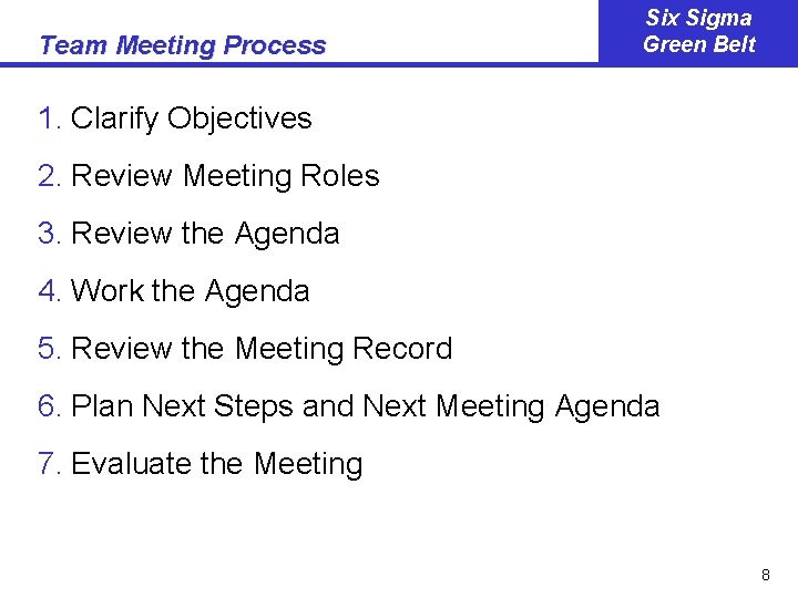 Team Meeting Process Six Sigma Green Belt 1. Clarify Objectives 2. Review Meeting Roles
