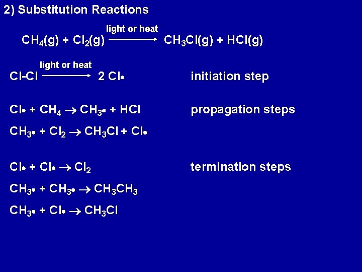 2) Substitution Reactions CH 4(g) + Cl 2(g) Cl-Cl light or heat 2 Cl