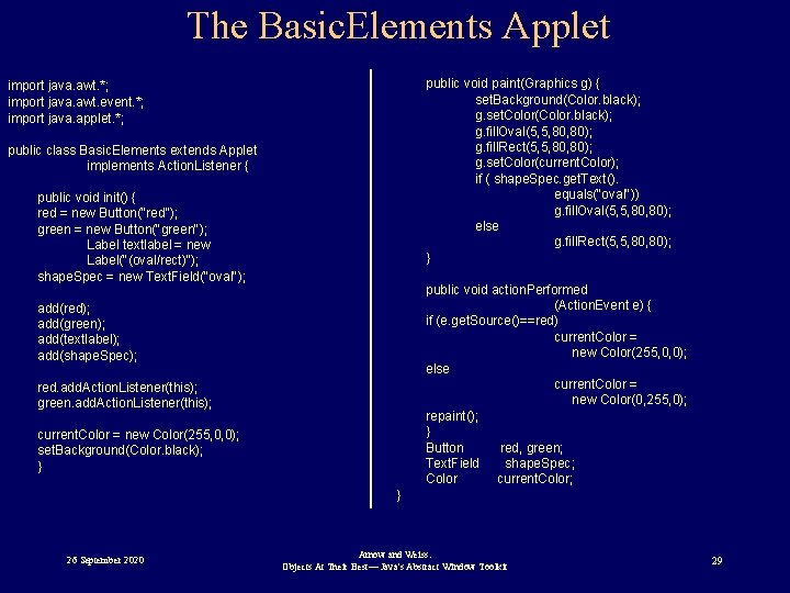 The Basic. Elements Applet public void paint(Graphics g) { set. Background(Color. black); g. set.