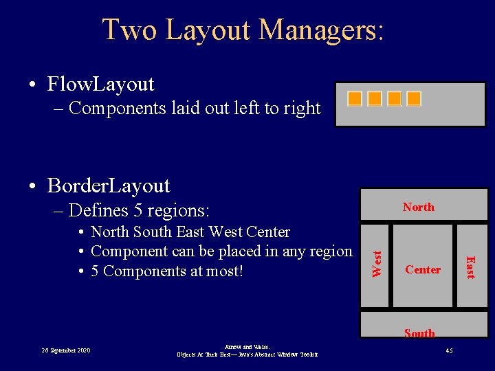 Two Layout Managers: • Flow. Layout – Components laid out left to right •