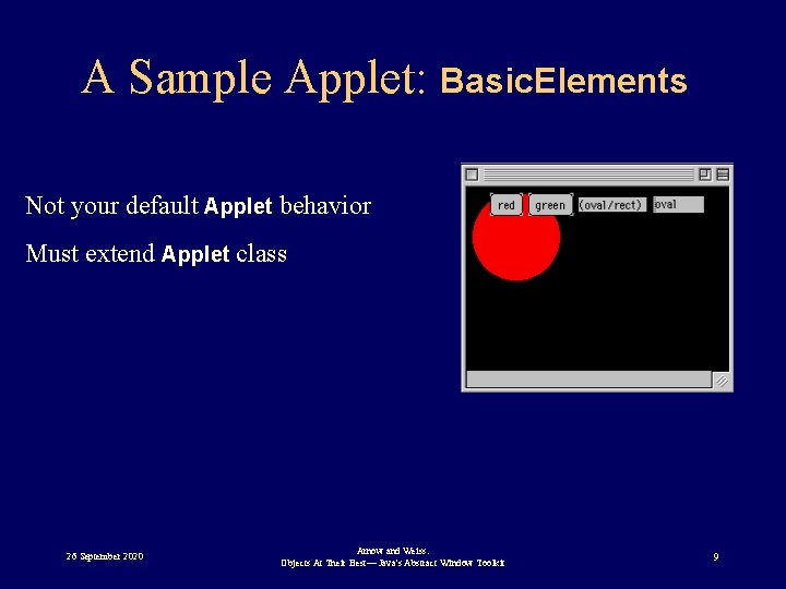 A Sample Applet: Basic. Elements Not your default Applet behavior Must extend Applet class