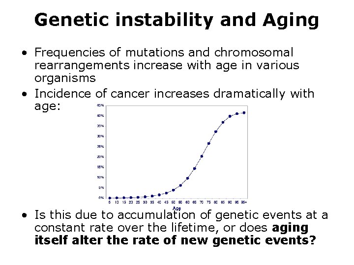 Genetic instability and Aging • Frequencies of mutations and chromosomal rearrangements increase with age