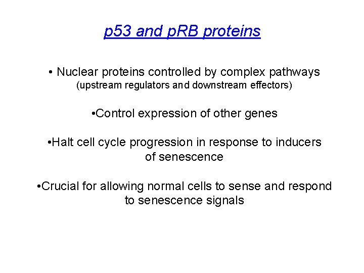 p 53 and p. RB proteins • Nuclear proteins controlled by complex pathways (upstream