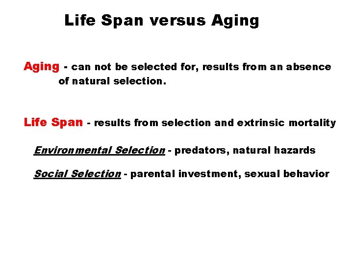 Life Span versus Aging - can not be selected for, results from an absence