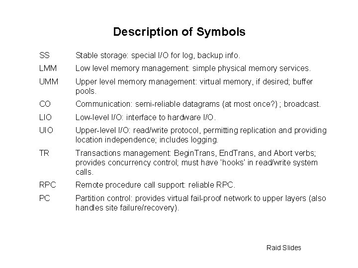 Description of Symbols SS Stable storage: special I/O for log, backup info. LMM Low