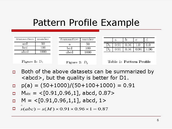 Pattern Profile Example o o Both of the above datasets can be summarized by