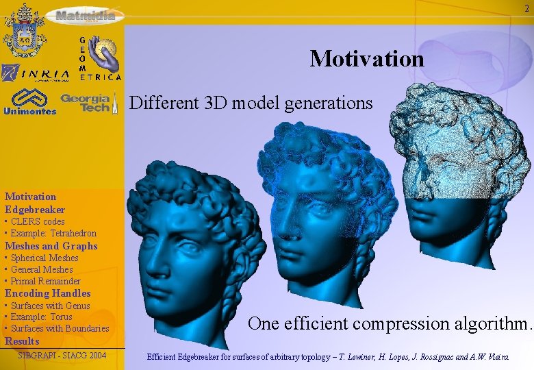 2 Motivation Different 3 D model generations Motivation Edgebreaker • CLERS codes • Example: