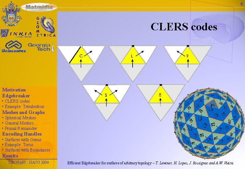 6 CLERS codes Motivation Edgebreaker • CLERS codes • Example: Tetrahedron Meshes and Graphs