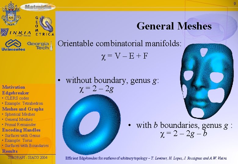 9 General Meshes Orientable combinatorial manifolds: χ=V–E+F Motivation Edgebreaker • without boundary, genus g: