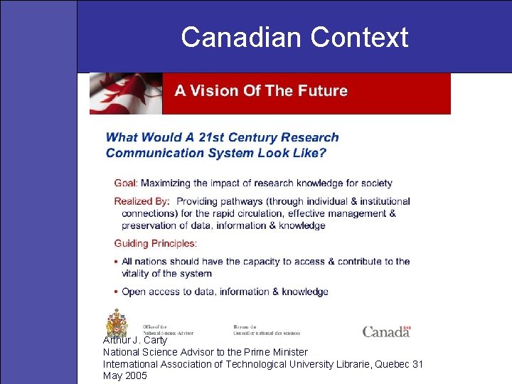 Canadian Context Arthur J. Carty National Science Advisor to the Prime Minister International Association