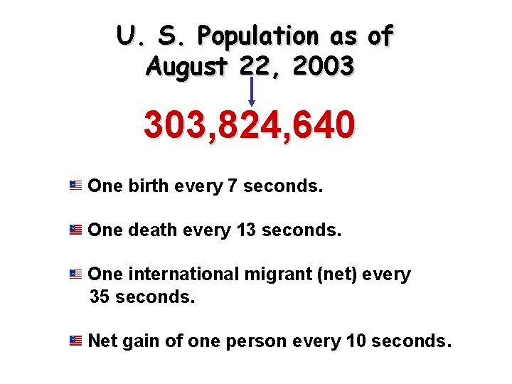 U. S. Population as of August 22, 2003 303, 824, 640 One birth every