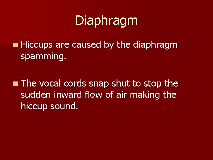 Diaphragm n Hiccups are caused by the diaphragm spamming. n The vocal cords snap