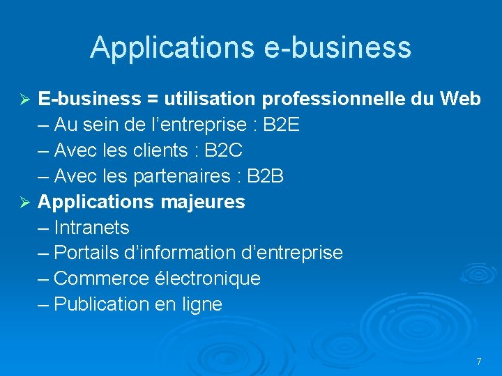 Applications e-business E-business = utilisation professionnelle du Web – Au sein de l’entreprise : Applications e-business E-business = utilisation professionnelle du Web – Au sein de l’entreprise :