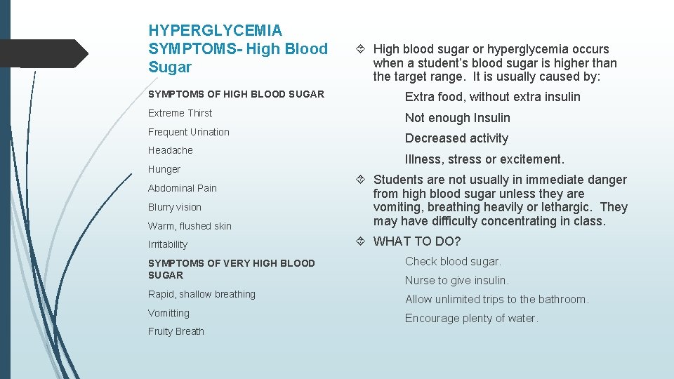 HYPERGLYCEMIA SYMPTOMS- High Blood Sugar High blood sugar or hyperglycemia occurs when a student’s